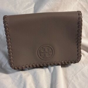Tory Burch French Grey Leather Clutch with whipstitch